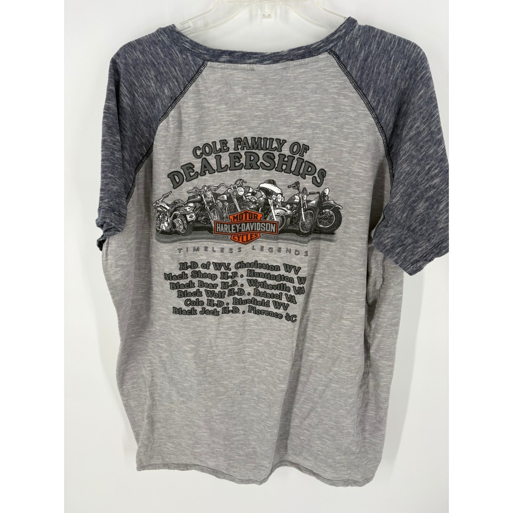 Harley Davidson Cole Family Dealerships Raglan T Shirt Mens 2XL Gray Blue